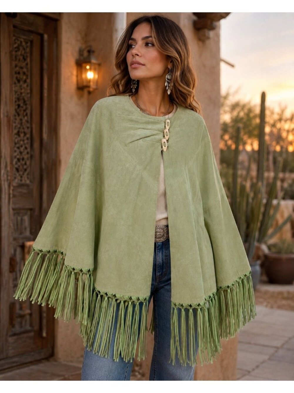 Vintage Terry Lewis Classic Luxuries Sage Green Leather Fringe Cape NWT